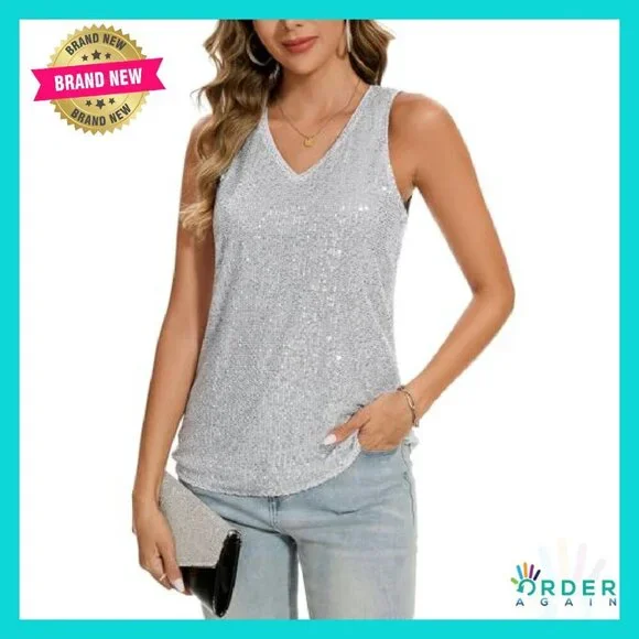 Sequin Tank Top Glitter Party Shirt V-Neck Loose Fit Shimmer Blouse Chic - Picture 2 of 8